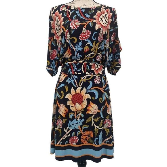 BCBGMAXAZRIA Woodblock Navy Folk Art Floral Dress Tie Waist Peplum Sheath Dress - Picture 1 of 9